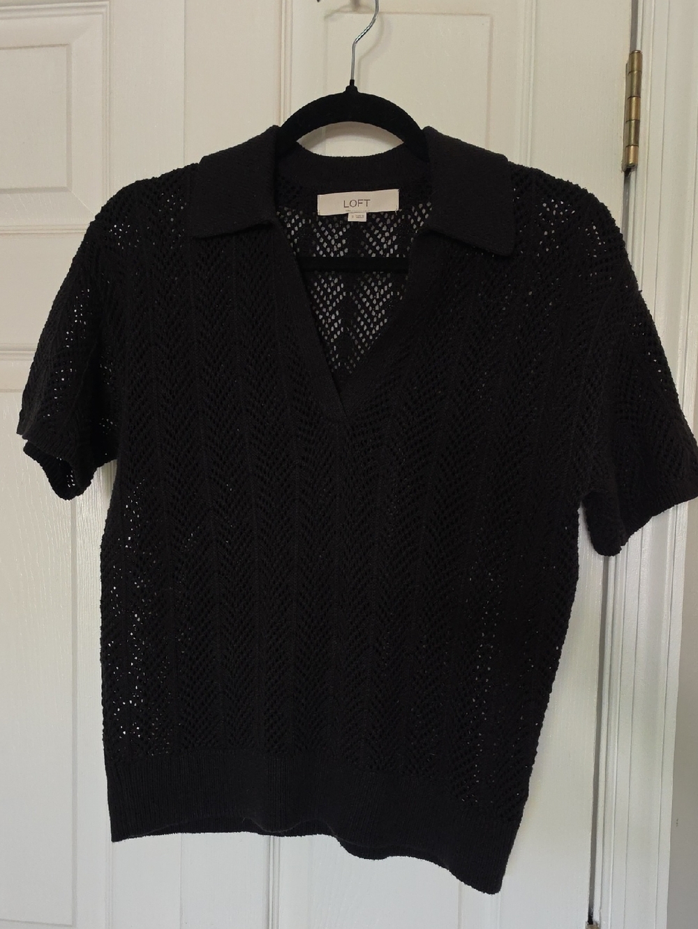 LOFT Black Open-Knit Short Sleeve Polo